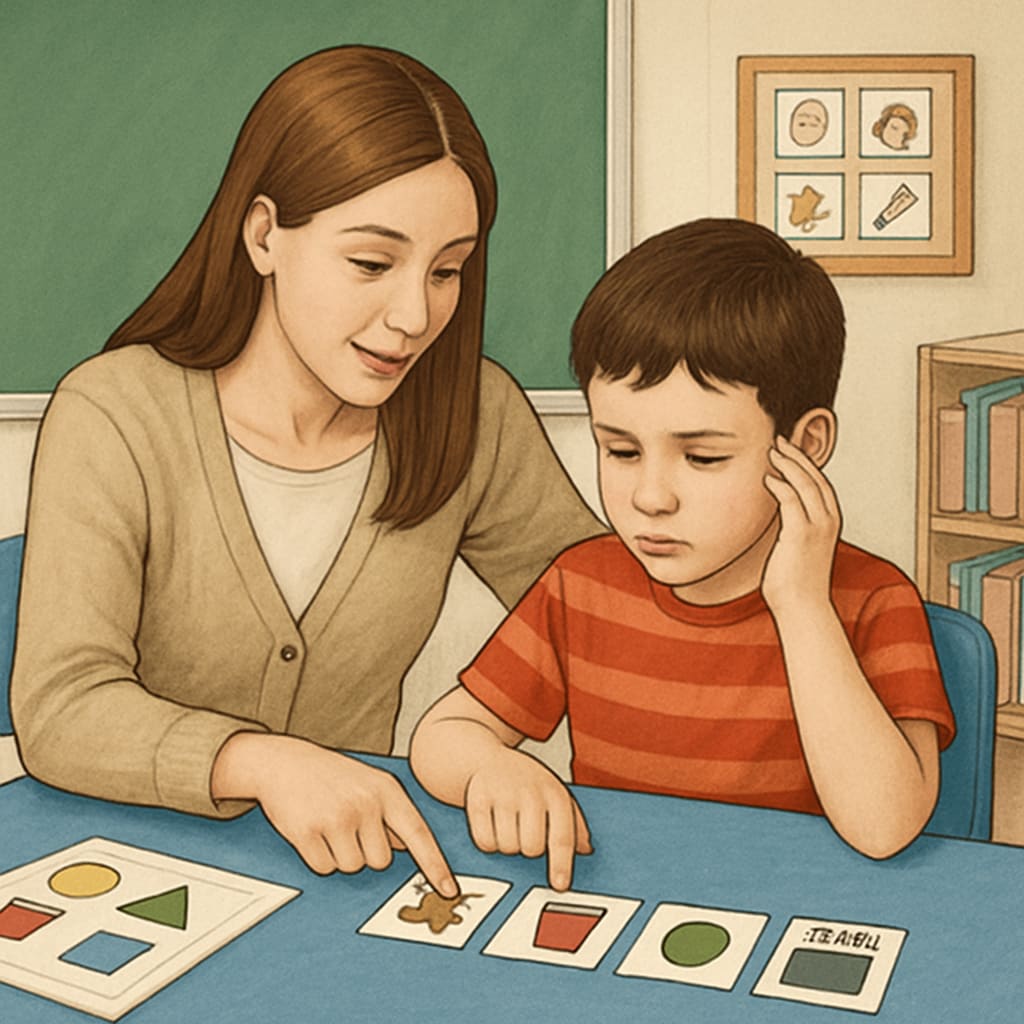 A teacher assistant guiding a child with autism through a structured learning activity using visual aids. Teacher assistant helping an autism spectrum child with visual aids.