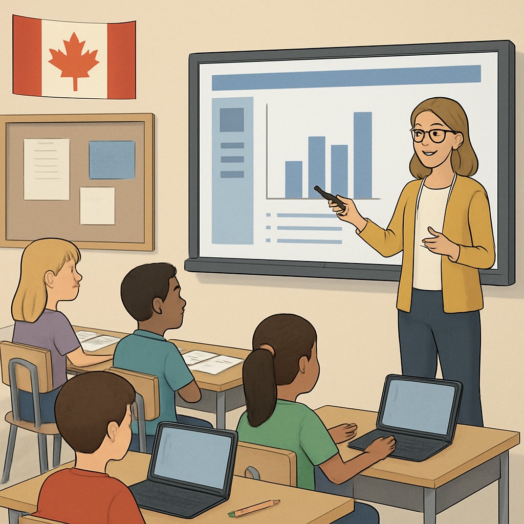 A teacher using a smartboard in a Canadian classroom to reflect resume requirements.