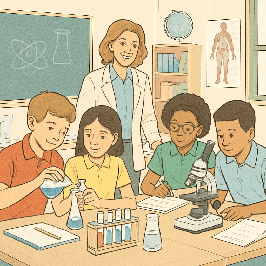 A classroom with students engaged in hands-on science experiments, emphasizing collaboration and active learning. ELL students collaborating on science experiments in a classroom setting.