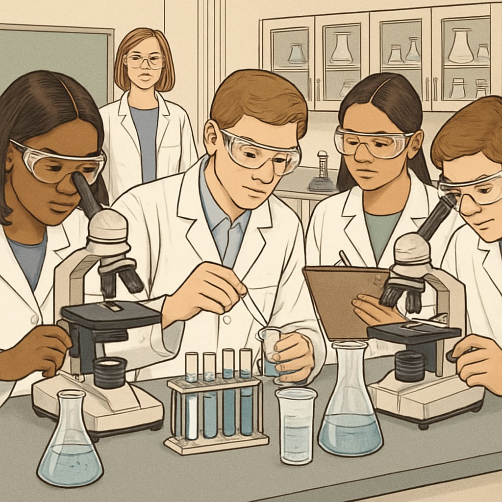 A group of high school students engaging in a science lab experiment to prepare for healthcare careers. High school students in a lab preparing for nursing programs and healthcare careers.