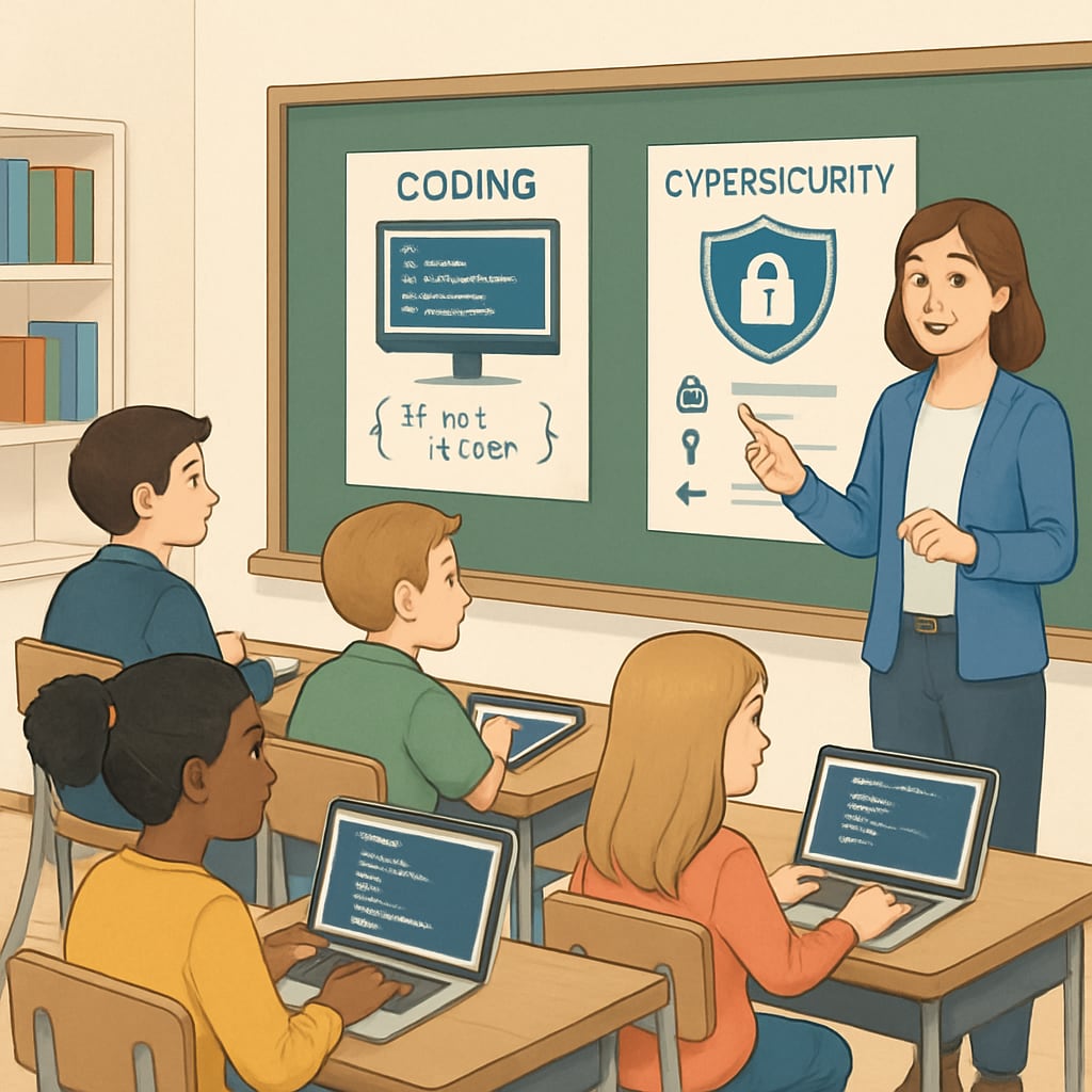 A classroom setting with students learning coding and cybersecurity concepts on laptops, emphasizing technology education in schools. Students learning cybersecurity and coding in a modern classroom.