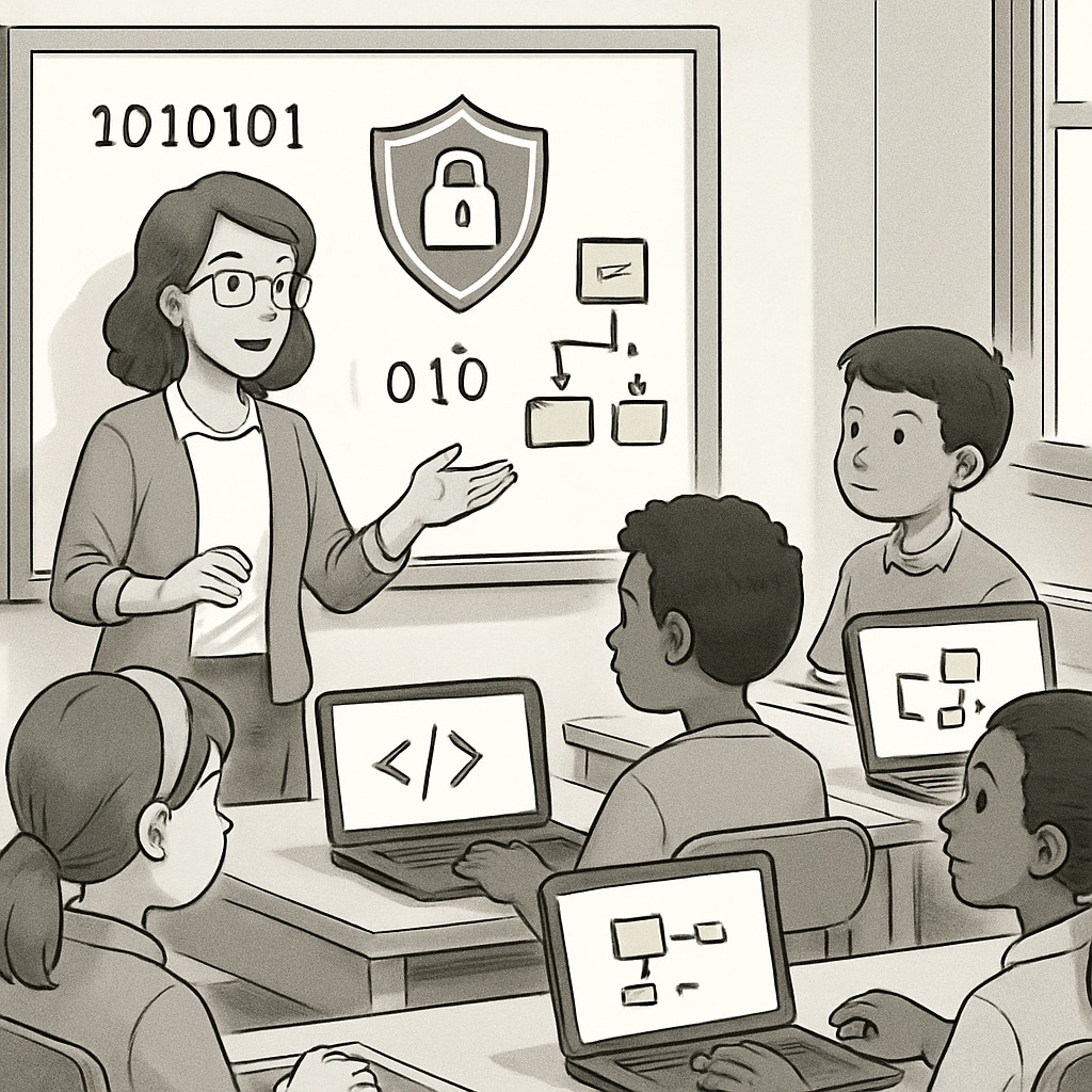 A classroom scenario with K12 students learning the basics of coding or cybersecurity, emphasizing early career preparation. K12 students learning programming and cybersecurity basics in a classroom setting.