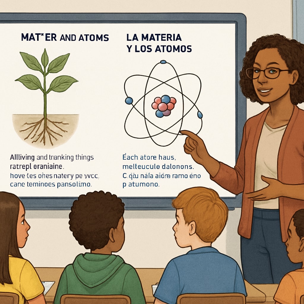 A teacher using a bilingual digital resource to explain scientific concepts to a diverse group of students. Teacher assisting ELL students with bilingual digital tools in science education.