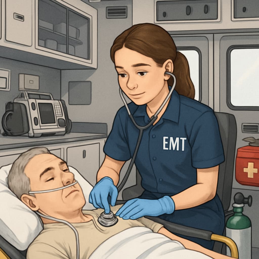 A young EMT assisting a patient in an ambulance, showcasing hands-on healthcare skills. EMT gaining experience, a crucial step for nursing students preparing for college.