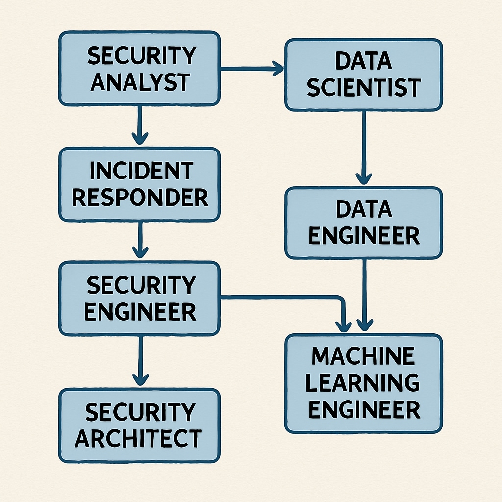 A flowchart showcasing career pathways in cybersecurity and data science, including roles like security analyst and data scientist. Chart illustrating career paths in cybersecurity and data science.