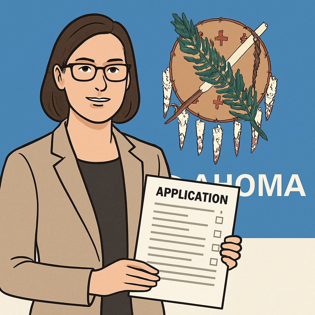A teacher holding application paperwork in front of the Oklahoma state flag, symbolizing the state's new screening process for out-of-state teachers. A teacher holding forms with the Oklahoma flag in the background, representing political screening for out-of-state educators.