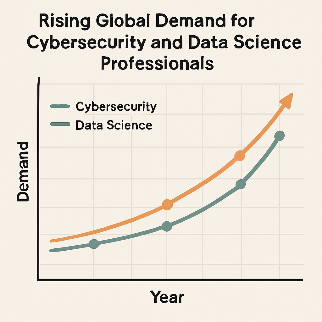 A graph depicting the rising global demand for professionals in cybersecurity and data science fields. Growing demand for cybersecurity and data science professionals globally