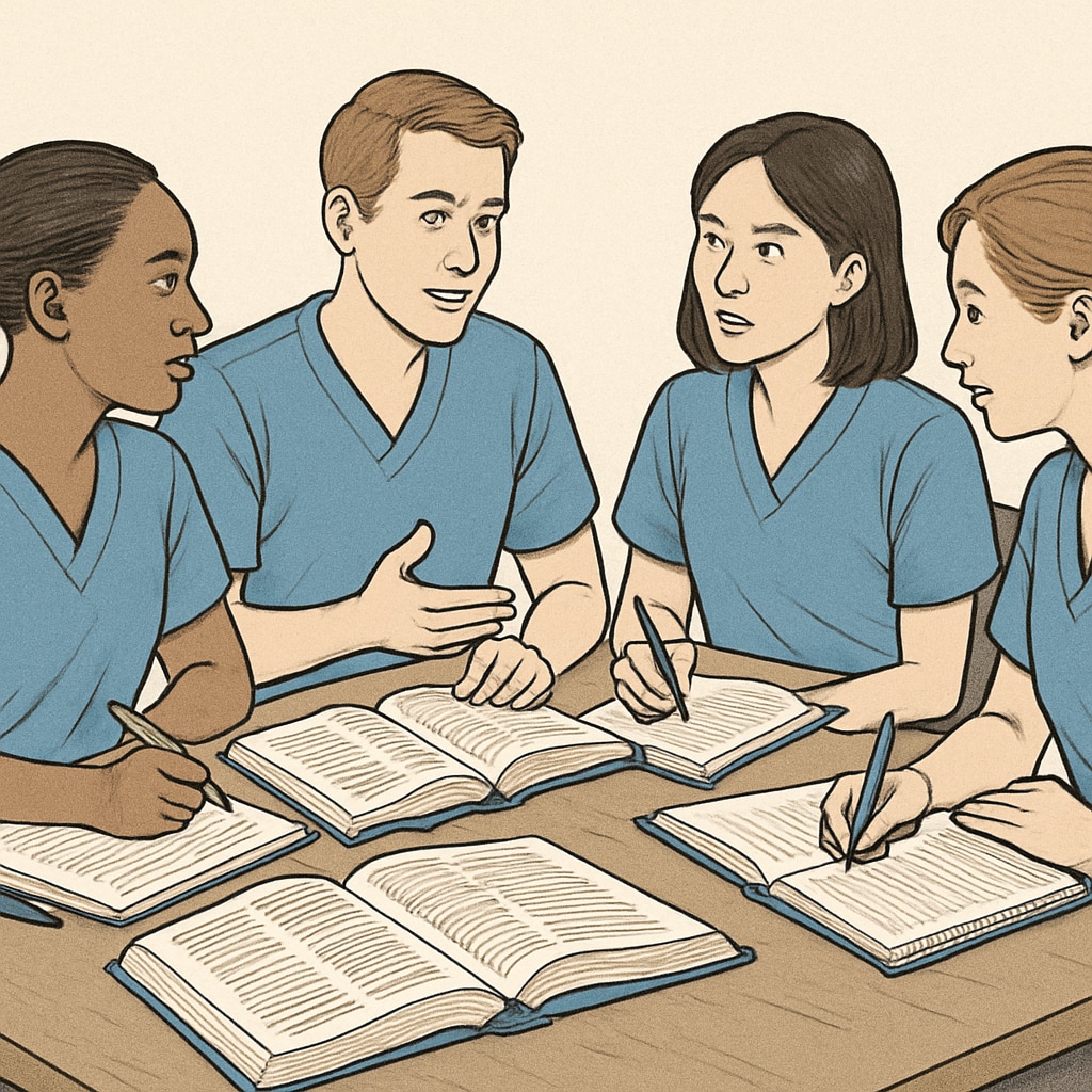 Nursing students engaged in a study group discussing medical notes and textbooks. Nursing students in a study group sharing notes and ideas.
