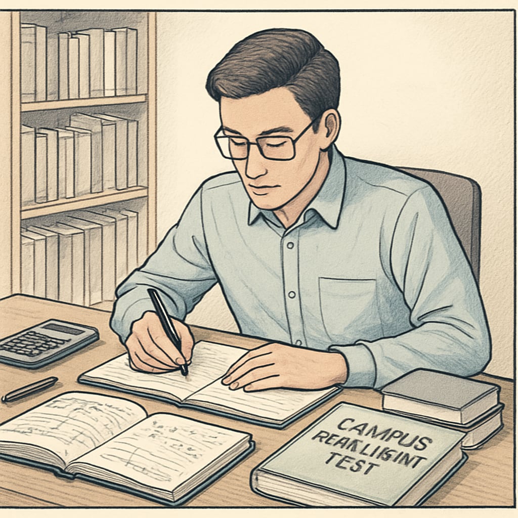 A young professional sitting at a desk with math study materials, preparing for a campus recruitment test. A young professional preparing for a campus recruitment math test.