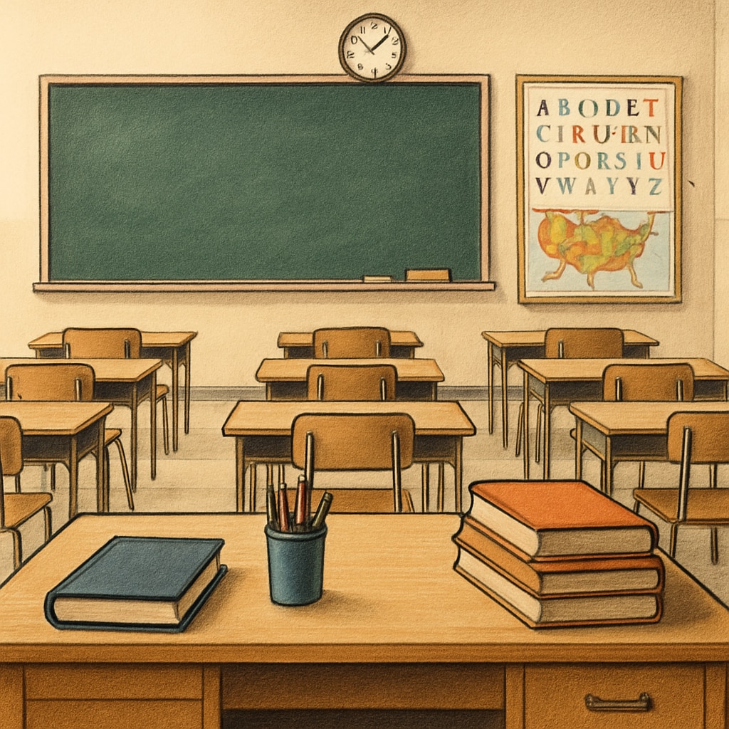 A classroom setting with an empty teacher's desk, symbolizing the challenges Oklahoma may face in filling teaching positions due to the new screening policy. An empty teacher's desk in a classroom, representing the potential teacher shortages caused by Oklahoma's policy.