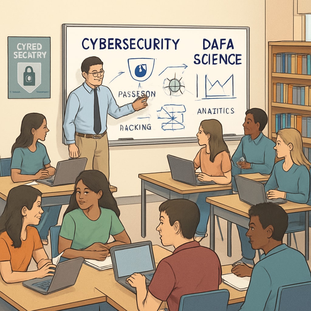 A classroom scene with students actively participating in a workshop on cybersecurity and data science. Students engaged in a cybersecurity and data science workshop