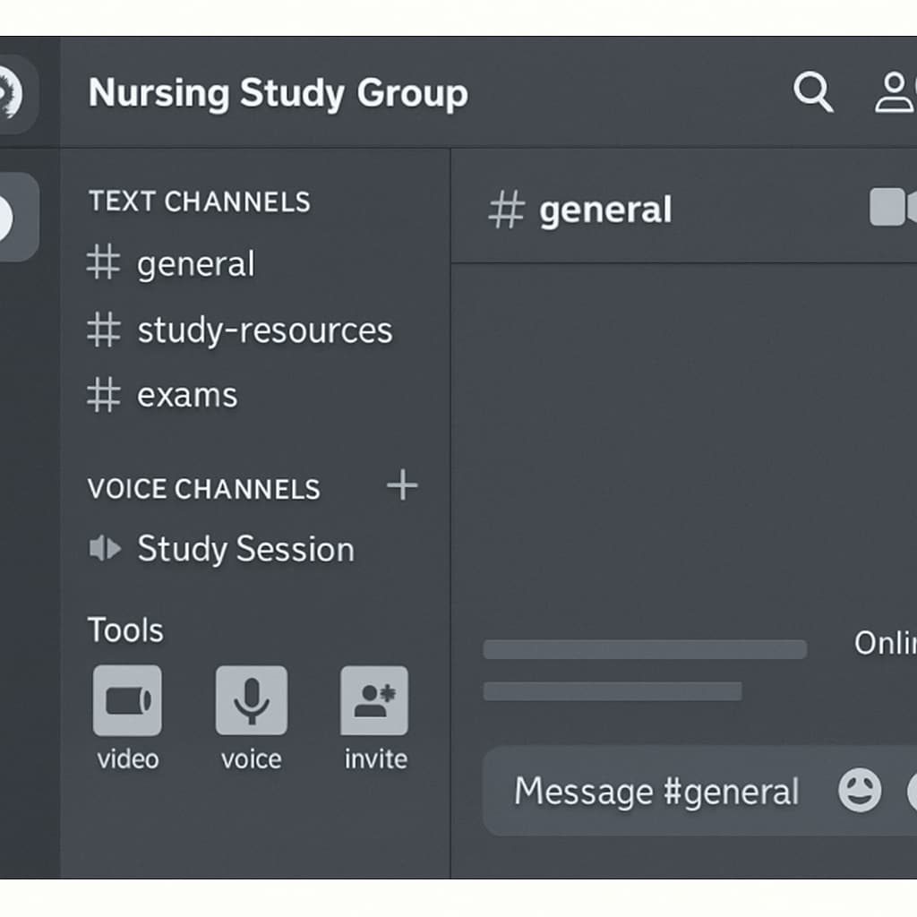 A screenshot of a Discord server with nursing study group channels visible, highlighting collaboration tools. Discord server screenshot illustrating nursing study group organization.