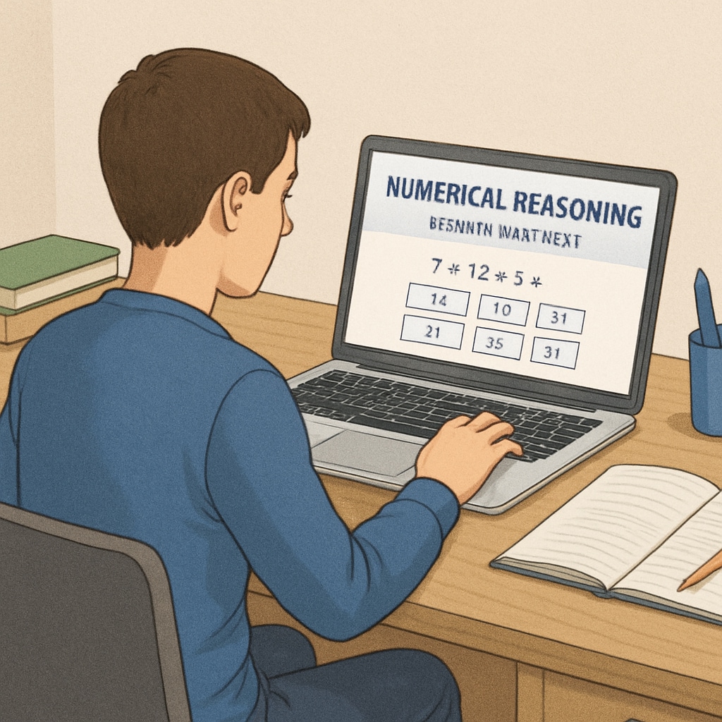 A student using an online platform on their laptop, practicing numerical reasoning for a recruitment test. A student practicing numerical reasoning on an online platform for campus recruitment.