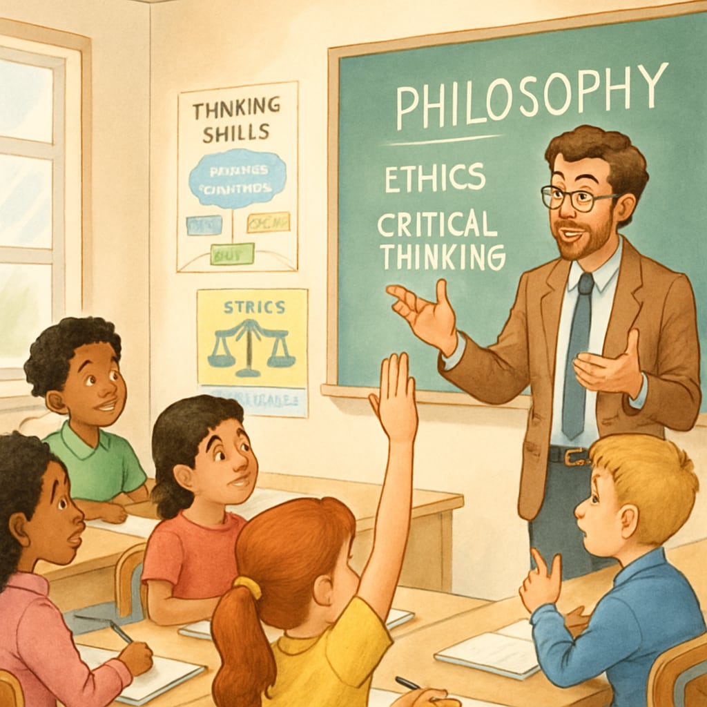 A classroom where a philosophy teacher is engaging with young students in a discussion about ethics and critical thinking. Philosophy teacher discussing ethics and critical thinking with students.