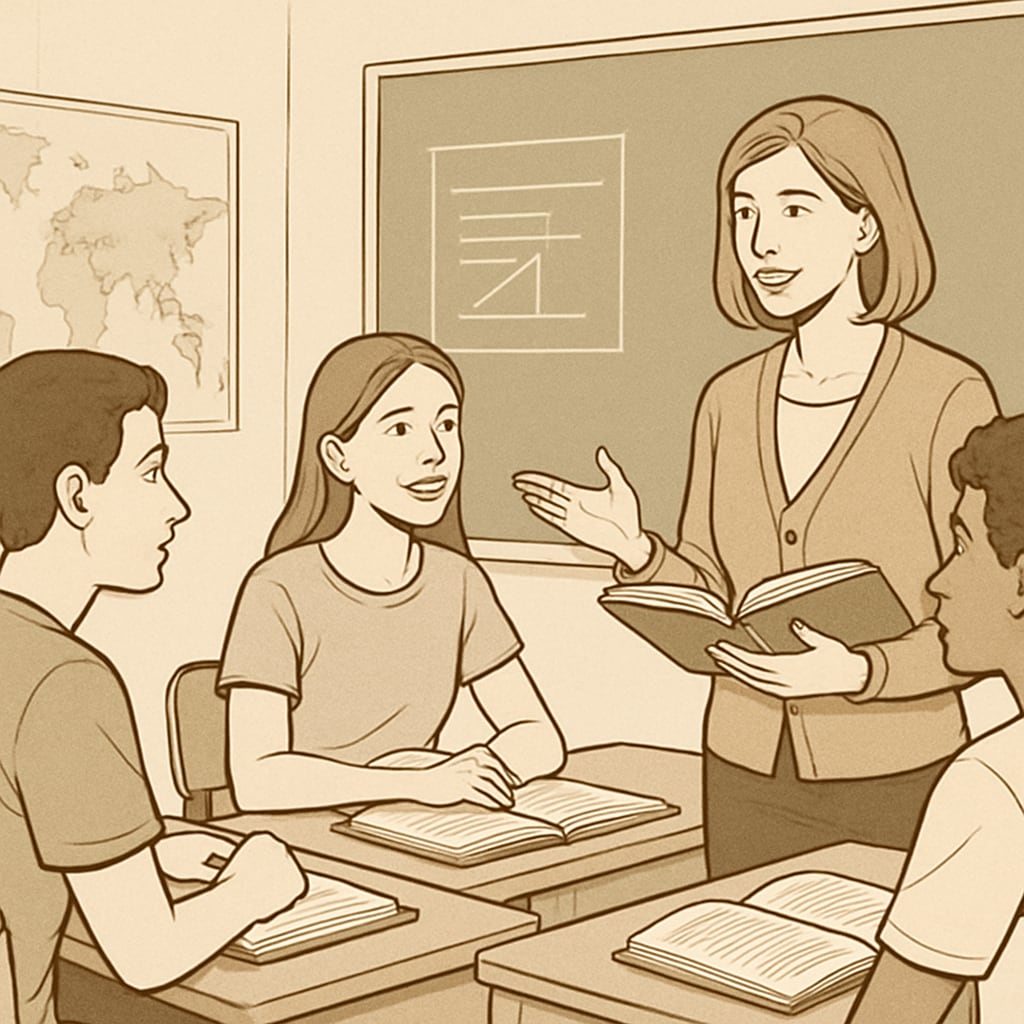 A calm classroom environment with students and a teacher discussing educational material. This image portrays a supportive learning atmosphere, ideal for overcoming exam stress. Calm classroom environment with students and a teacher, related to OAE exam preparation.