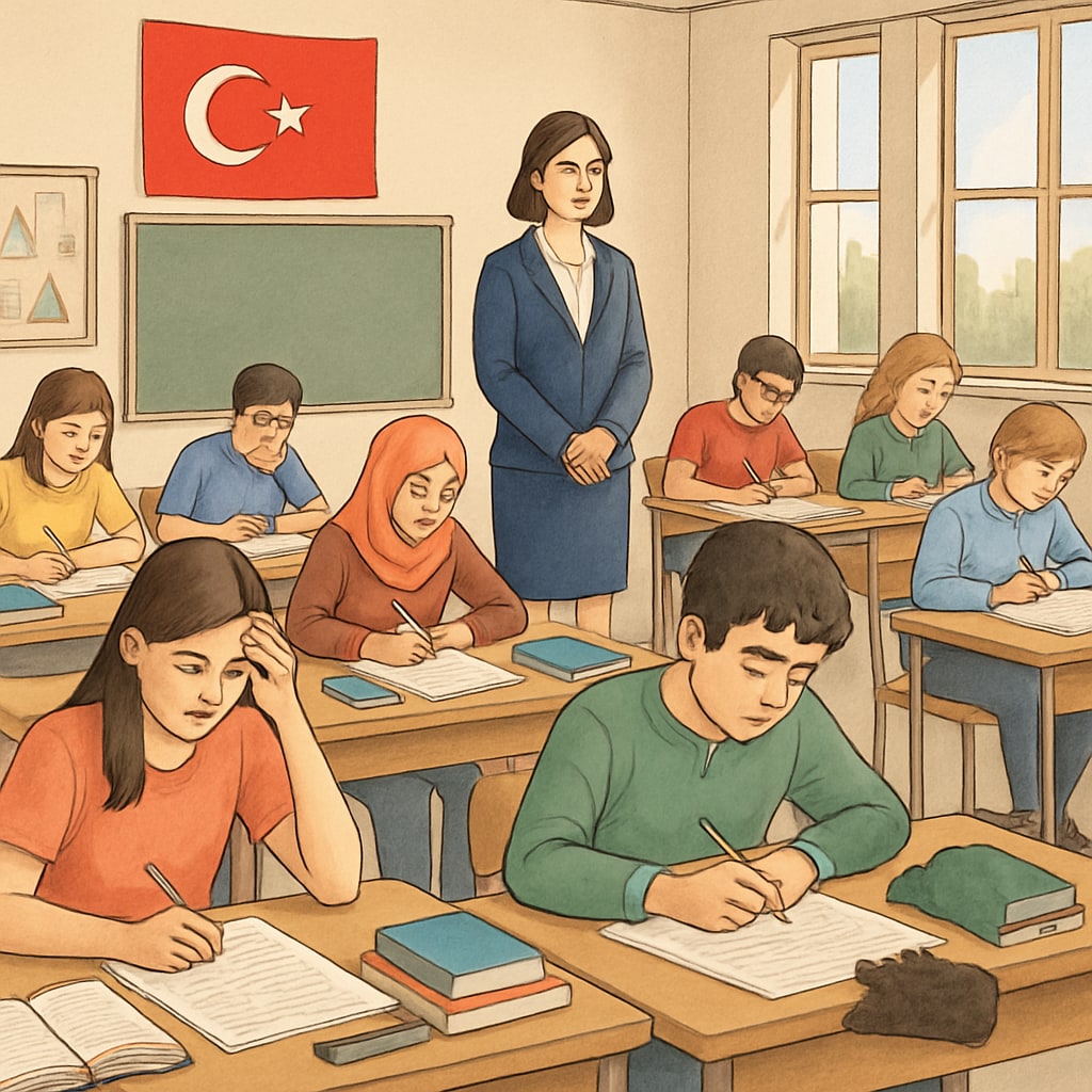 A Turkish classroom with students preparing for a major exam, showcasing the focus on standardized testing. Turkish classroom with students focused on exam preparation, highlighting exam-driven education.