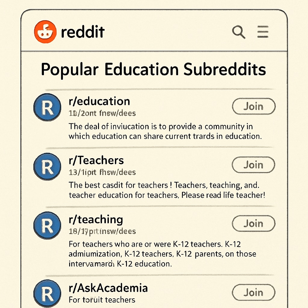 Screenshot of Reddit education subreddits with member details and summaries.