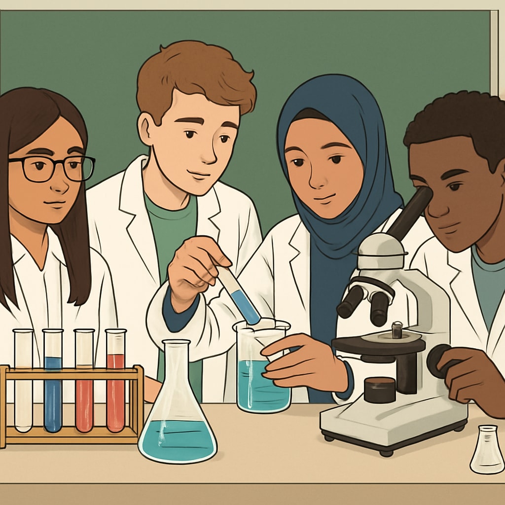 A group of UK A Level students engaged in a science experiment, reflecting the hands-on and specialized nature of the curriculum. UK A Level students conducting a science experiment, emphasizing subject specialization and autonomy.