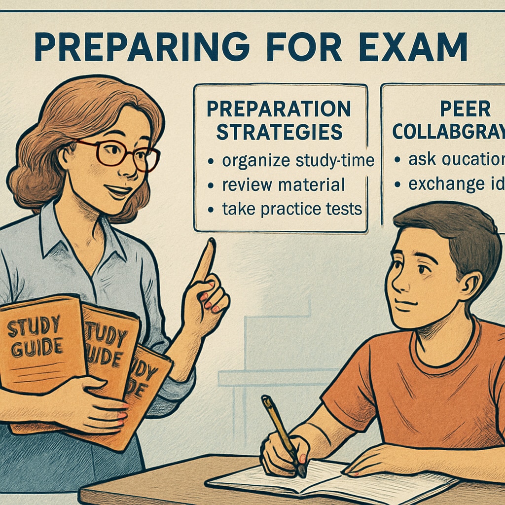 A teacher holding study guides and interacting with a student preparing for an exam. The image highlights preparation strategies and peer collaboration for exam success. Teacher holding study guides and discussing exam preparation with a student.