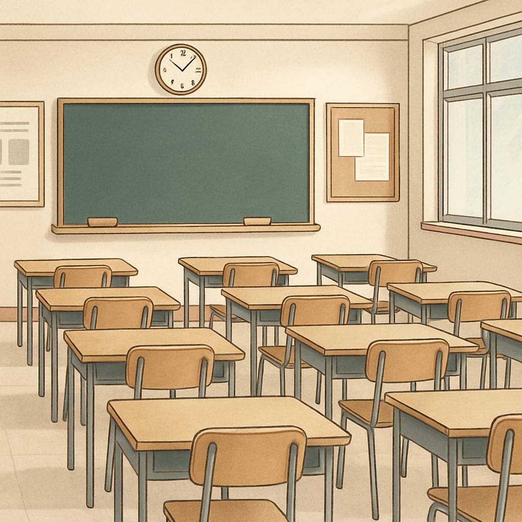 An empty classroom with rows of desks and a chalkboard, symbolizing the absence of educators during Teacherless Tuesday. A classroom with empty desks representing Teacherless Tuesday,教师抗议,集体请假(英文).