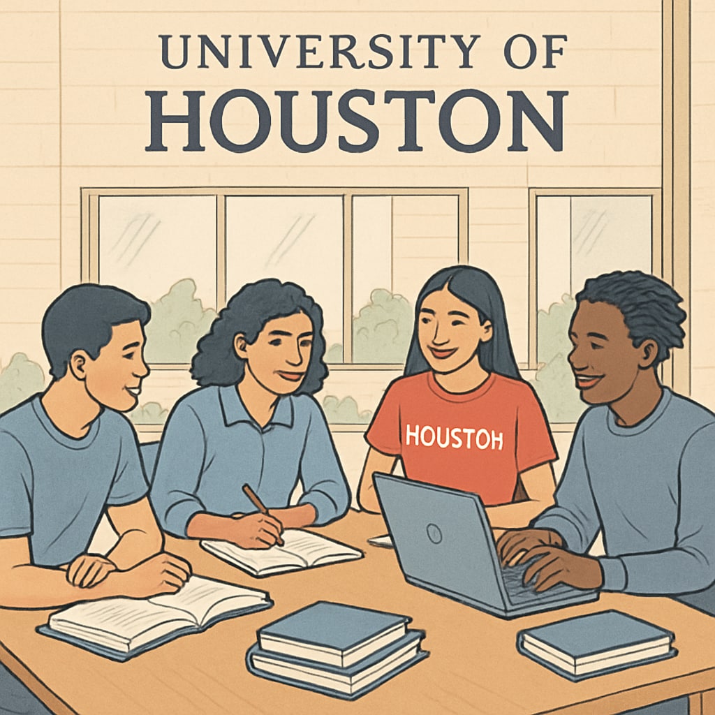 Students gathered around a table at the University of Houston campus, collaborating on a group study session. University of Houston students in a study group on campus.