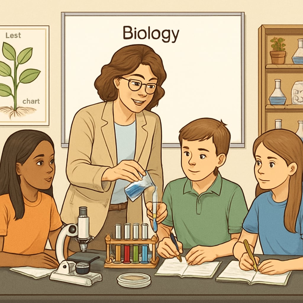 A teacher with a biology background conducting a hands-on science experiment with students in a classroom. STEM educator in a classroom demonstrating a biology experiment.