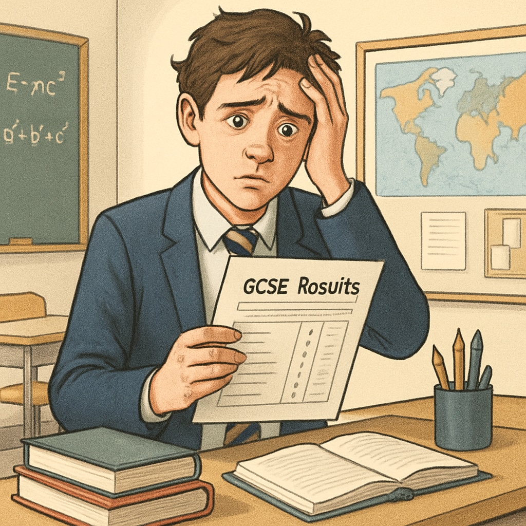 A high school student looking at their GCSE results with a mix of emotions, highlighting the stress and anticipation. A student experiencing mixed emotions while viewing their GCSE results, representing academic anxiety.