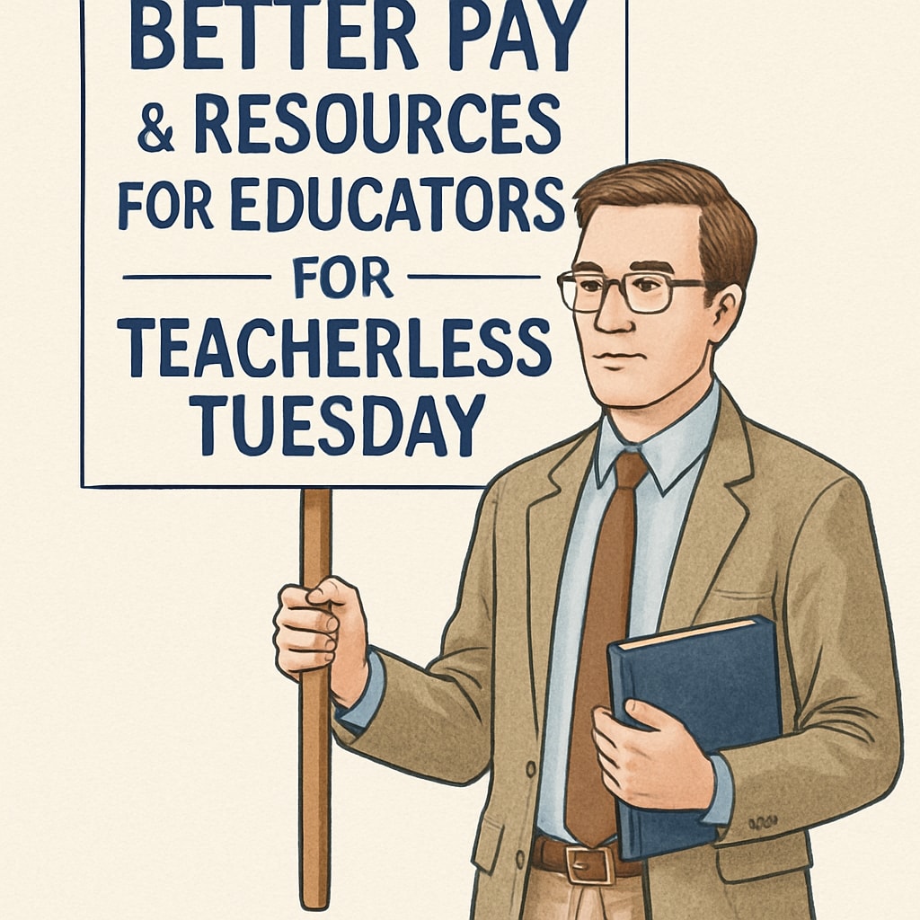 A teacher holding a protest sign advocating for better pay and resources, emphasizing the goals of Teacherless Tuesday. A protest sign held by a teacher during Teacherless Tuesday,教师抗议,集体请假(英文).