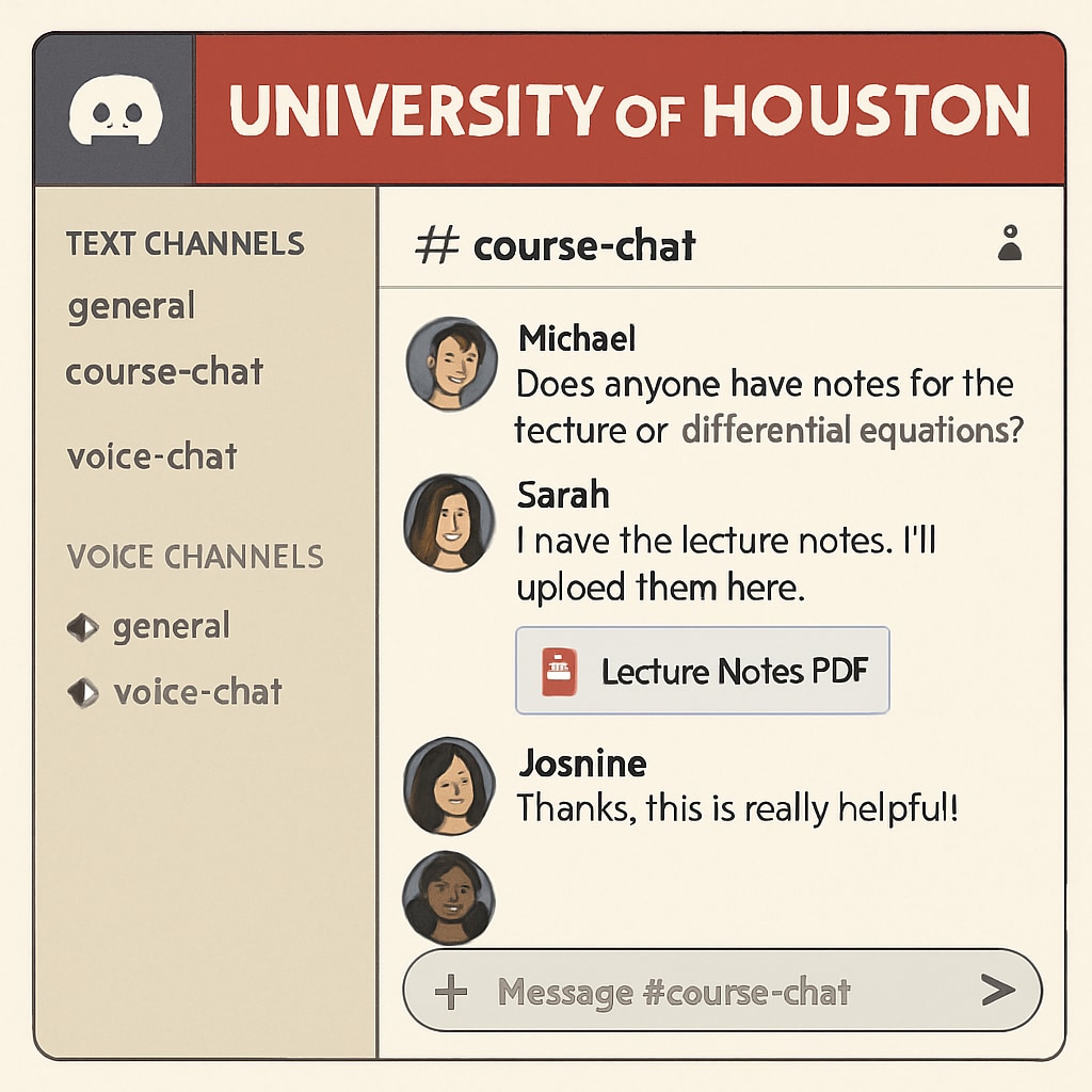 A screenshot of a Discord server interface where University of Houston students discuss course material. University of Houston students using Discord for academic collaboration.