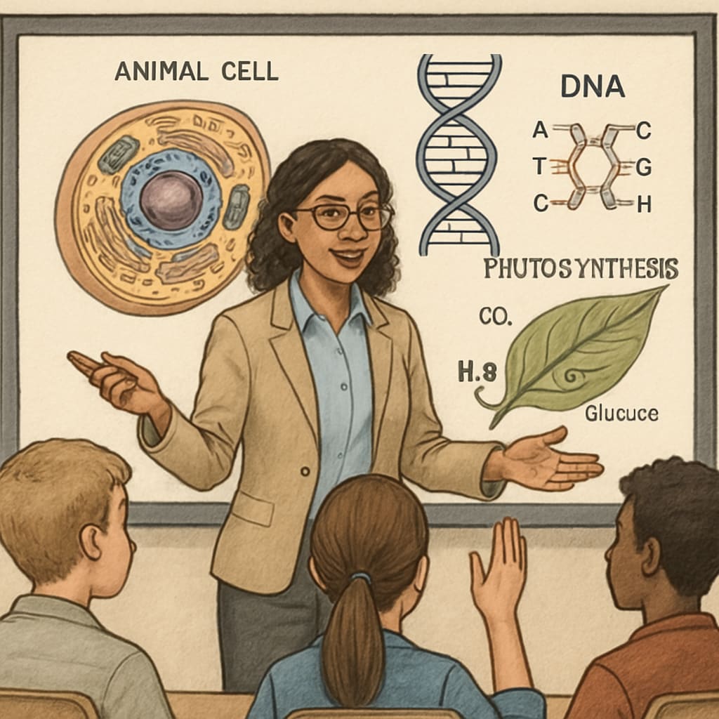 A STEM educator leading a classroom discussion with biology diagrams displayed on a smartboard. Biology teacher using visuals to explain concepts in a K-12 classroom.