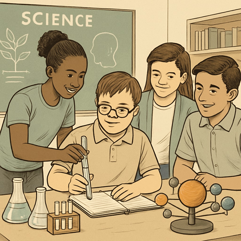 A student with learning disabilities working on a science project with supportive peers in a classroom setting. Student with learning disabilities working on a science project with peers