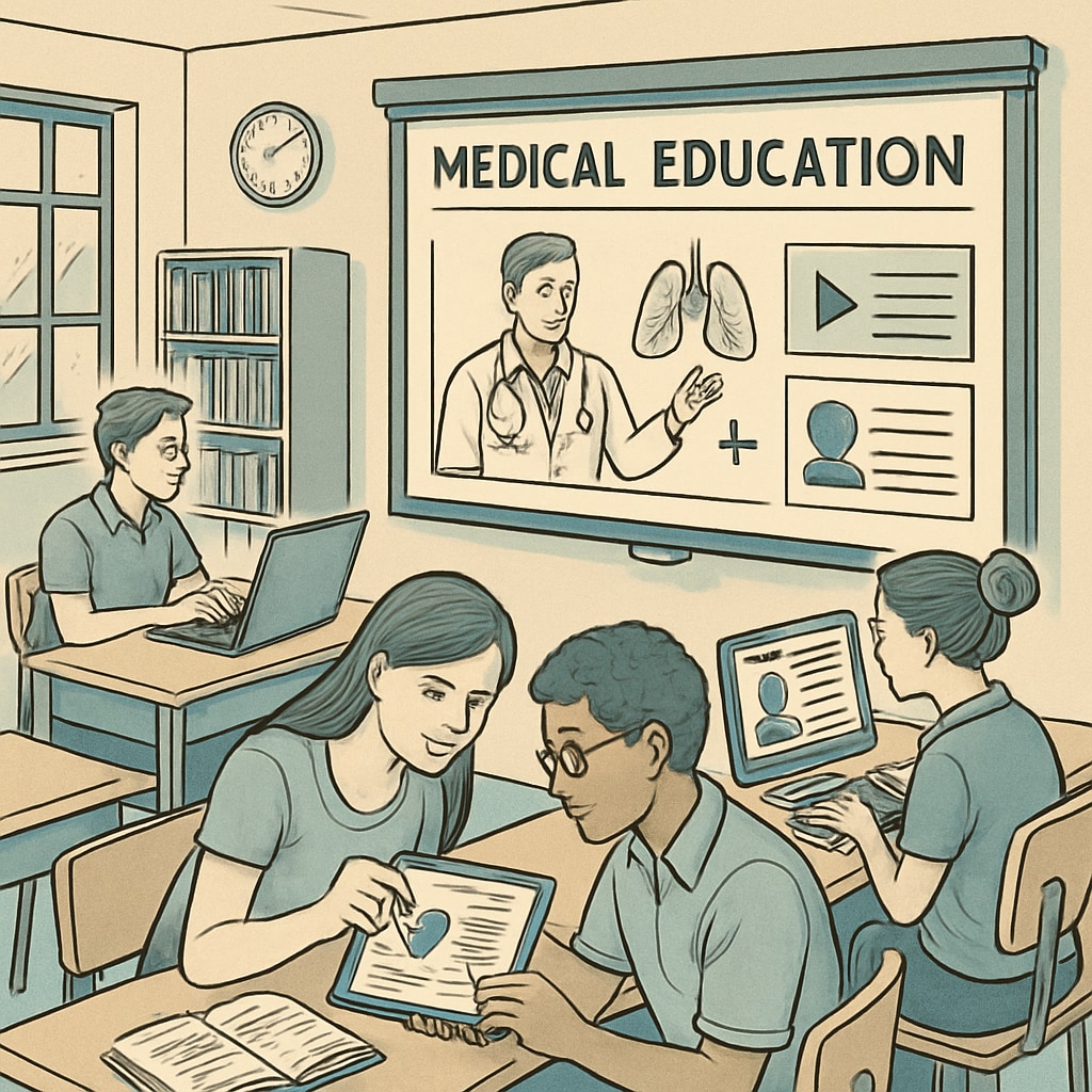 A classroom setting with students engaging in an online medical education module, demonstrating collaborative learning. Students learning medical concepts through online courses in a classroom setup.