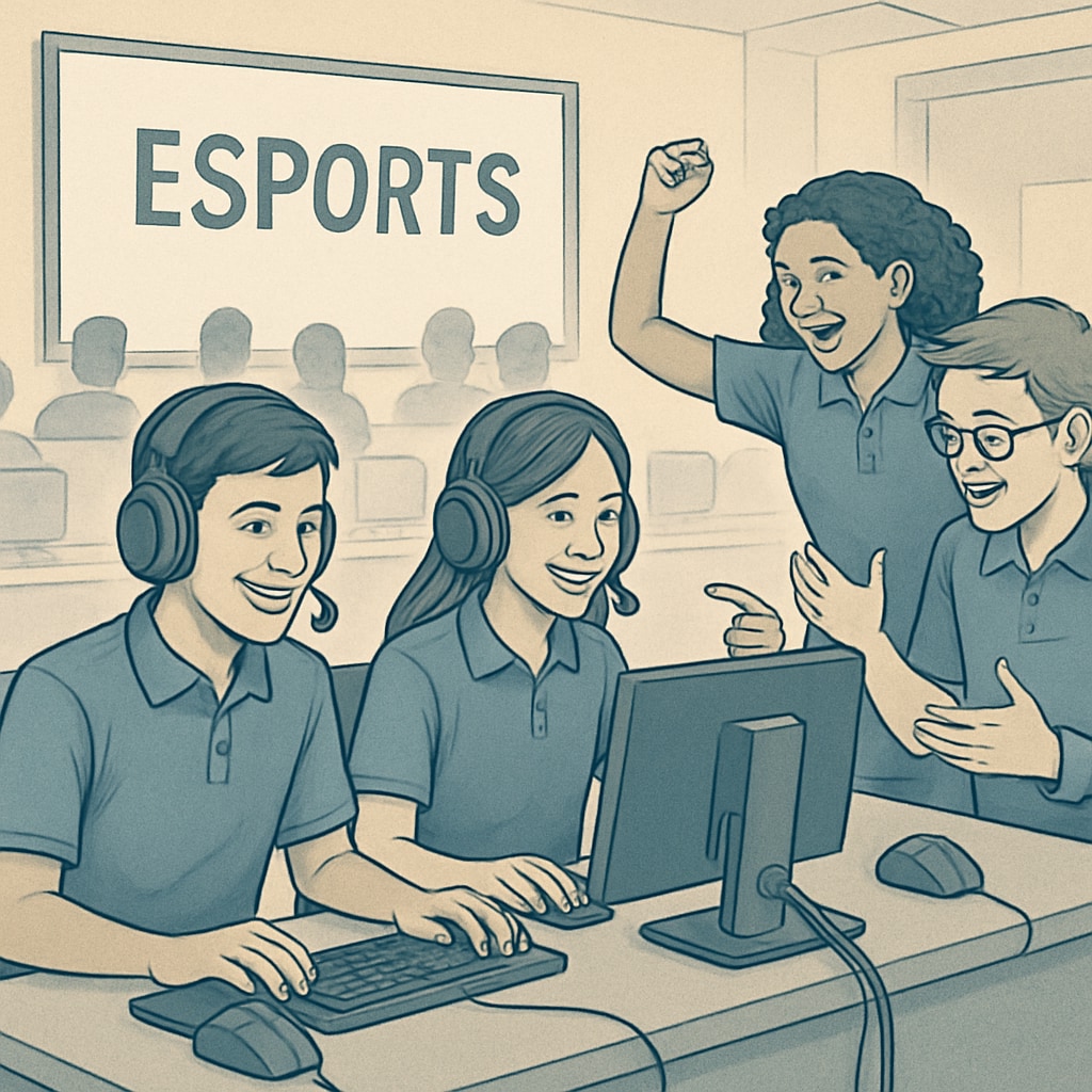 A group of students participating in an esports competition at a school setting, showcasing teamwork and engagement. Students participating in an esports competition, representing the integration of esports in K12 education.