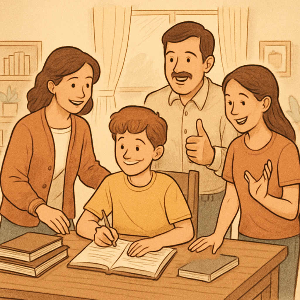 A supportive family encouraging a student with learning disabilities to pursue their dreams in a home environment. Family supporting a student with learning disabilities in their medical aspirations