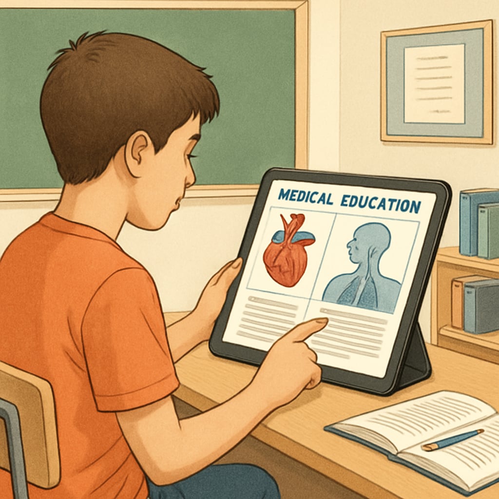 A teenager using a tablet to explore an interactive online medical education course, showcasing digital learning opportunities. Teenager engaged in an interactive medical education module online.