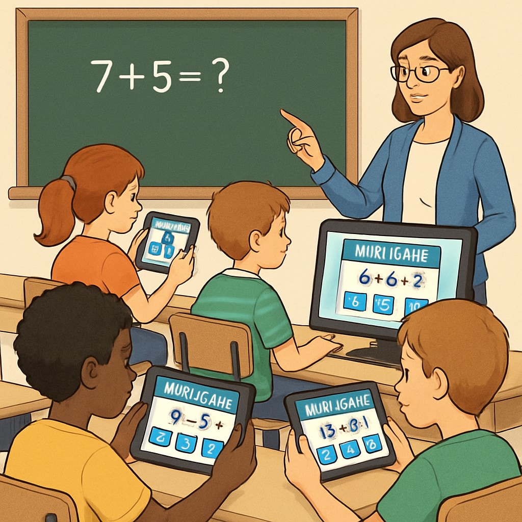 A classroom setting where students are solving math problems through an interactive gaming platform, with a teacher guiding them. Students engaging in game-based learning through a digital platform in a classroom environment.