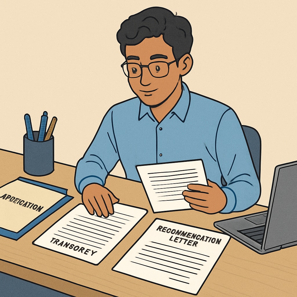 An international student organizing application documents on a desk, including transcripts and recommendation letters. Student preparing documents for data science university applications.