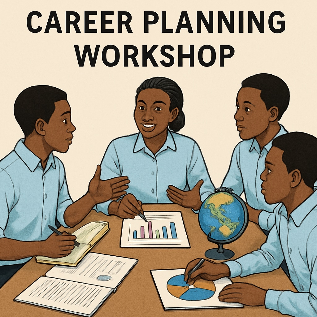 A group of African students engaged in a career planning workshop, emphasizing global opportunities. African students in career planning session discussing global opportunities.