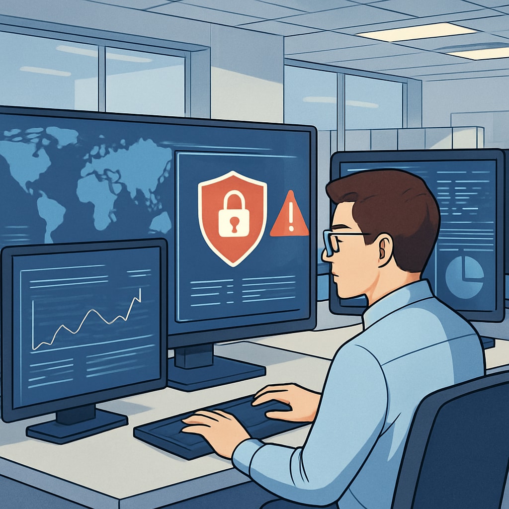 Cybersecurity analyst monitoring threats on screens.
