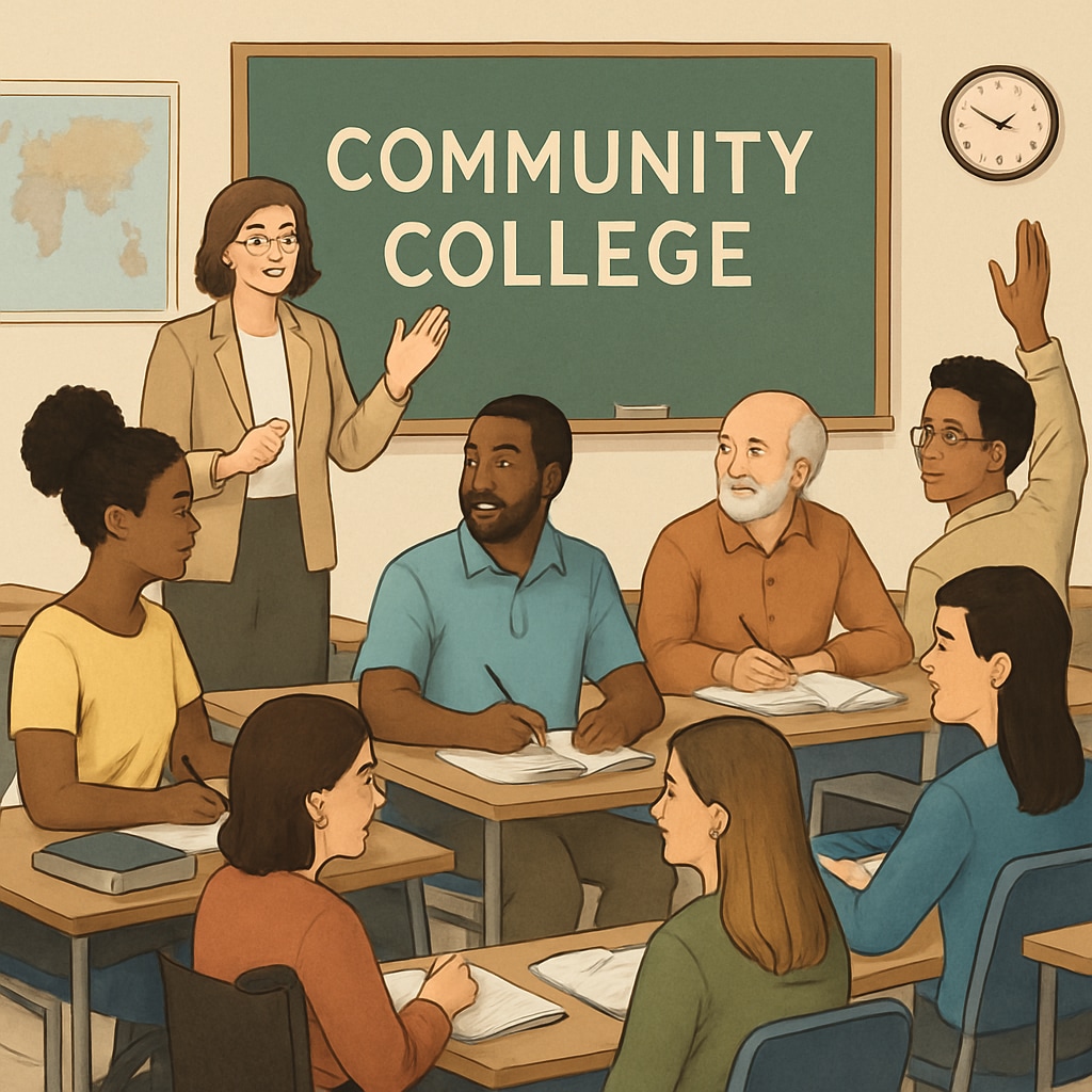 A contrasting image showing a diverse classroom in a community college, symbolizing accessible education. Community college classroom highlighting diversity and accessible education.