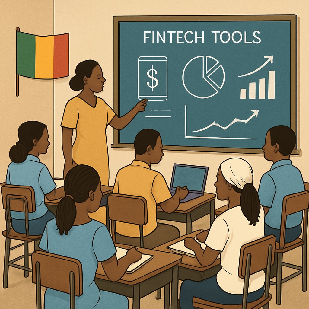 A classroom session where students are learning about fintech tools, symbolizing career readiness in Mali's financial sector. Students learning fintech tools to prepare for careers in Mali's financial industry.