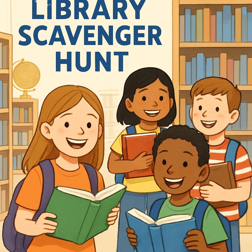 Children enjoying a library scavenger hunt to encourage reading interest.