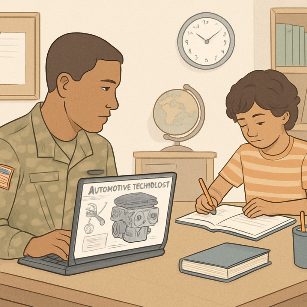 A military parent studying automotive technology on a laptop with their child completing schoolwork nearby. This image highlights the balance between pursuing higher education and supporting K12 learning in military families. Military parent studying automotive technology with child engaged in schoolwork.
