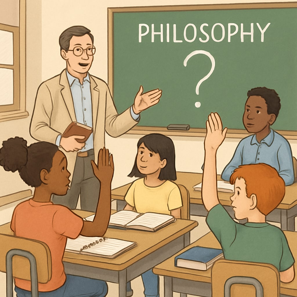 A classroom of diverse students engaging in a philosophy discussion led by a teacher. Students discussing philosophy in a classroom, part of a social experiment.