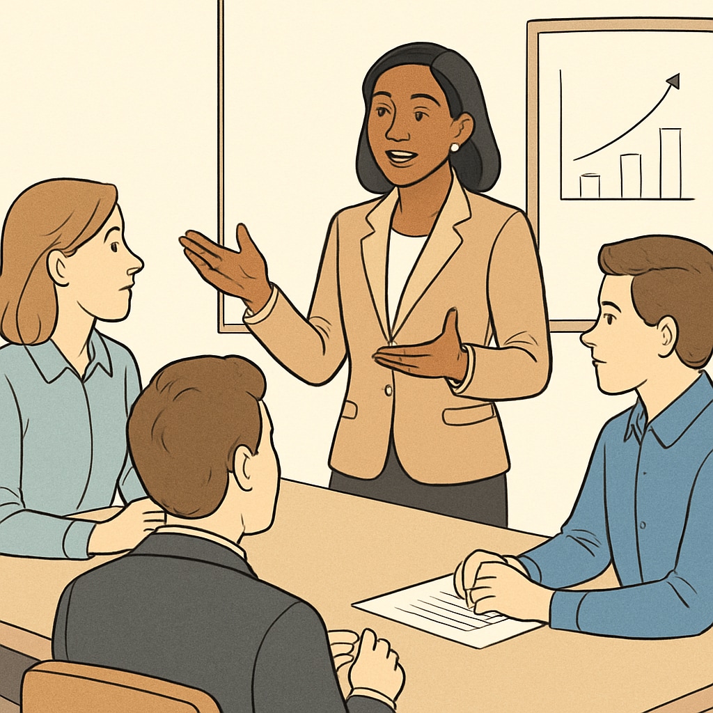 A professional woman entrepreneur engaging in a discussion with her team, showcasing leadership and communication skills inspired by Sadhguru. Woman entrepreneur leading a team discussion, inspired by Sadhguru’s leadership traits.