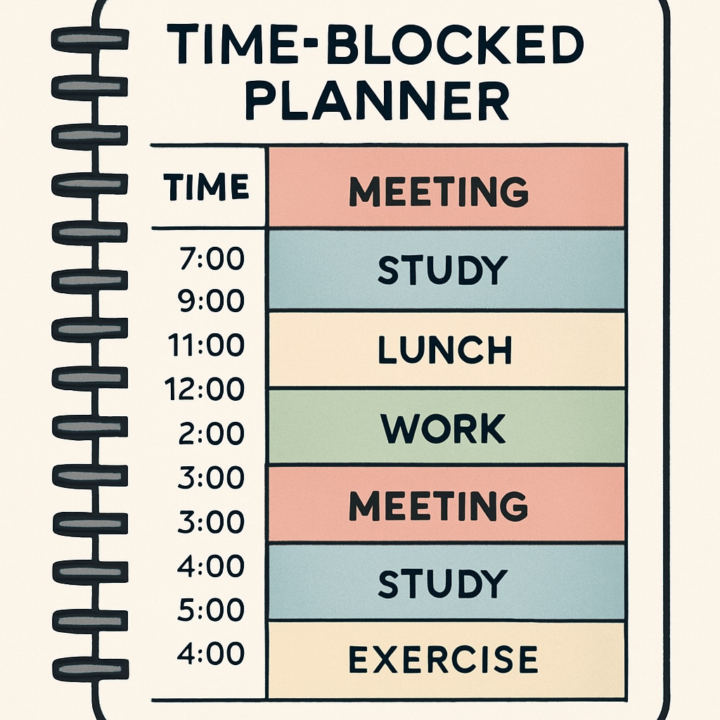 A time-blocked planner showcasing a mix of work meetings, study sessions, and personal time. A planner highlighting time management for work, study, and personal tasks.