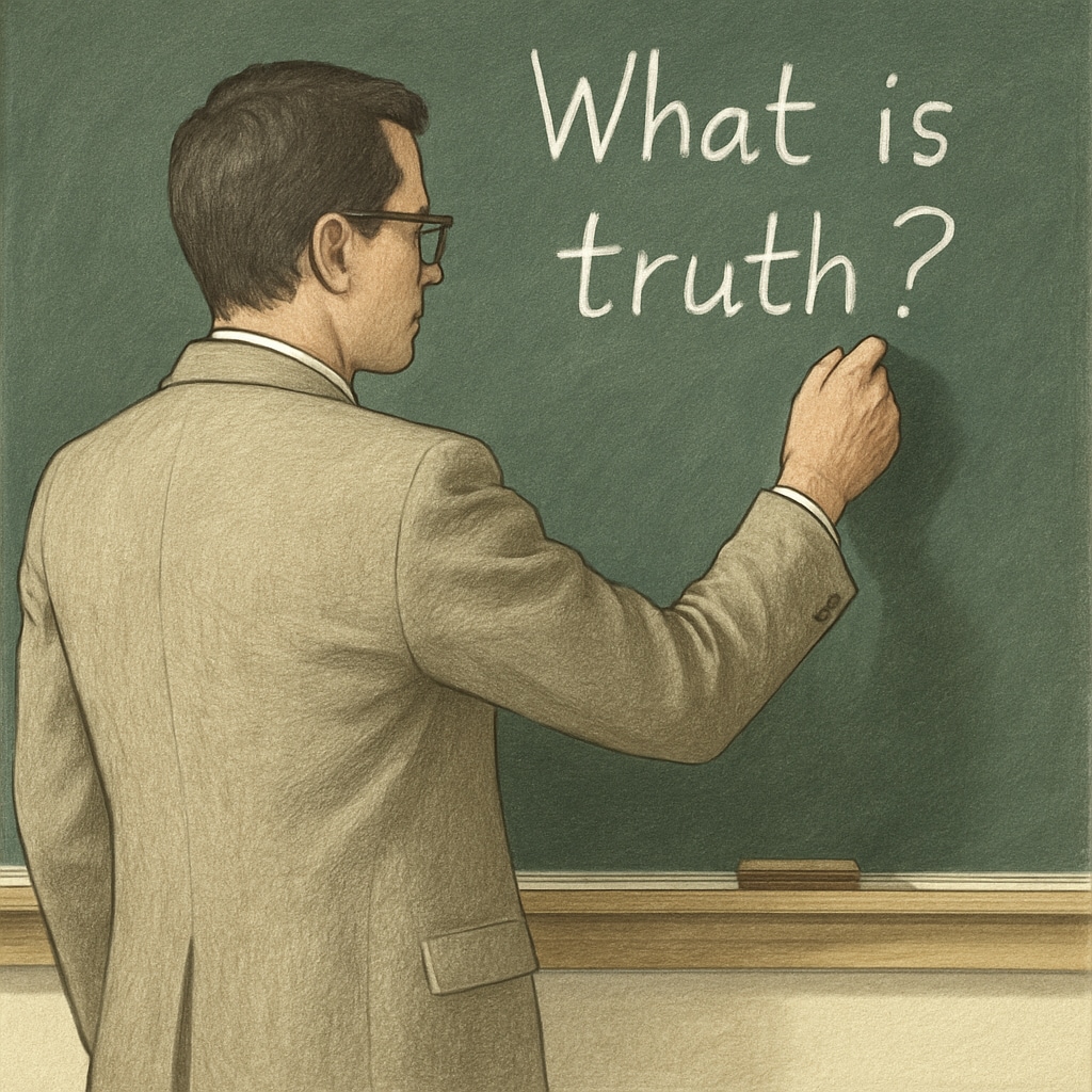 A teacher writing Philosophy teacher leading a discussion on truth during a K12 lesson.