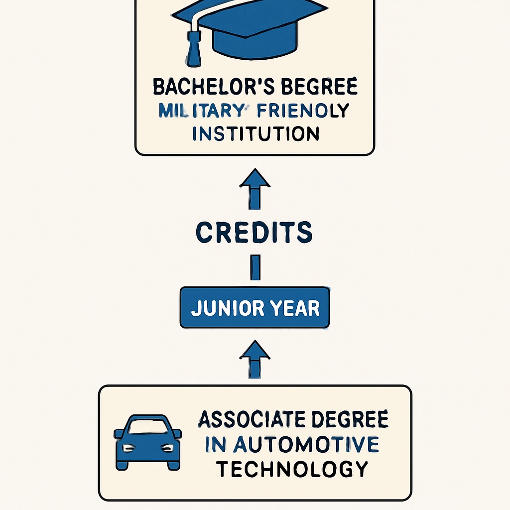 A chart showing the pathway from an associate degree in automotive technology to a bachelor's degree, with military-friendly institutions highlighted. Visualizes credit transfer and degree progression opportunities. Chart of credit transfer from associate to bachelor's degree for automotive technology.