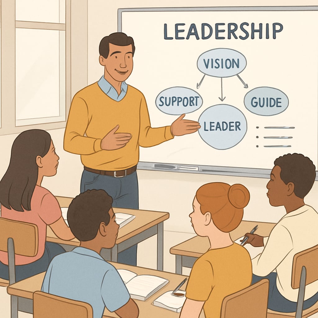 A classroom setting where an educator is teaching leadership skills to students, inspired by Sadhguru's communication techniques. Educator teaching leadership and communication skills in a classroom inspired by Sadhguru.