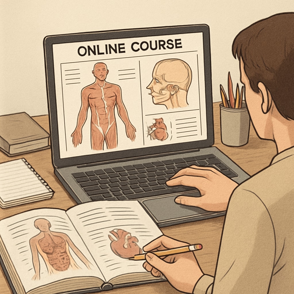 A person studying medical anatomy on a laptop using an open online course platform. A laptop screen showing online medical anatomy lessons, representing online courses for non-medical learners.